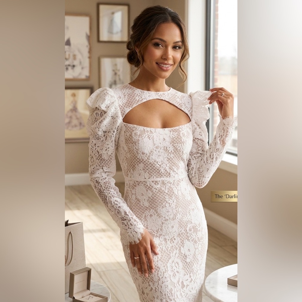 New! NAKED WARDROBE White and Nude Lace Long Sleeve Midi Dress